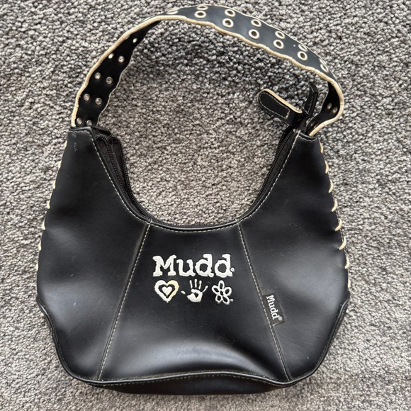 Mudd Handbags - VTG Mudd Black Y2K Hobo Shoulder Bag Whipstitch Grommet Strap Logo Heart Hand